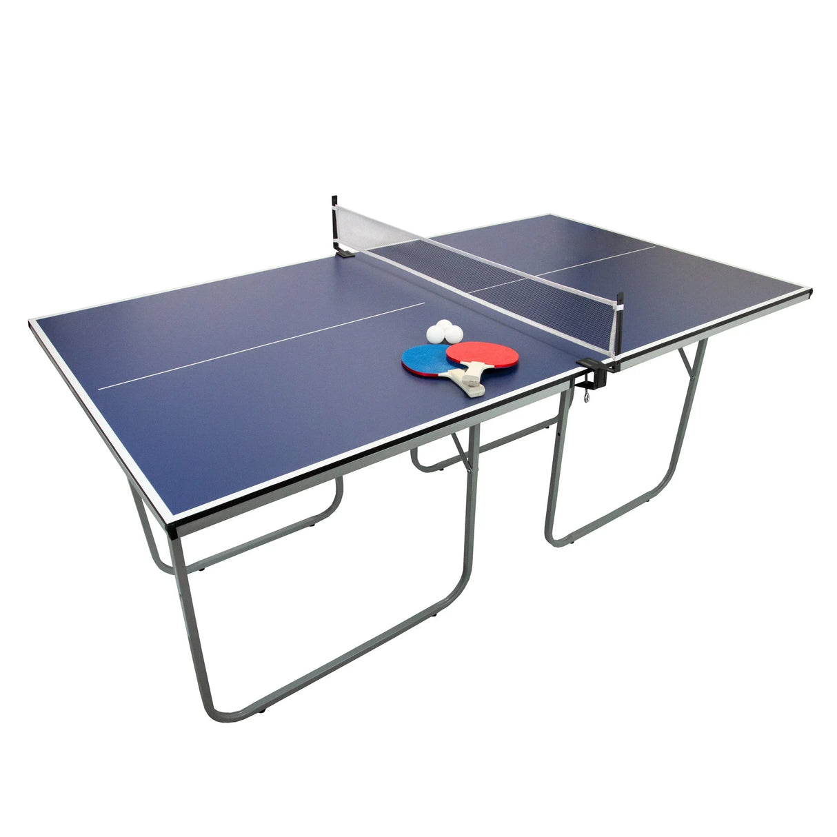 Folding table tennis table in blue with a sturdy metal frame, includes paddles, balls, and a net for competitive play