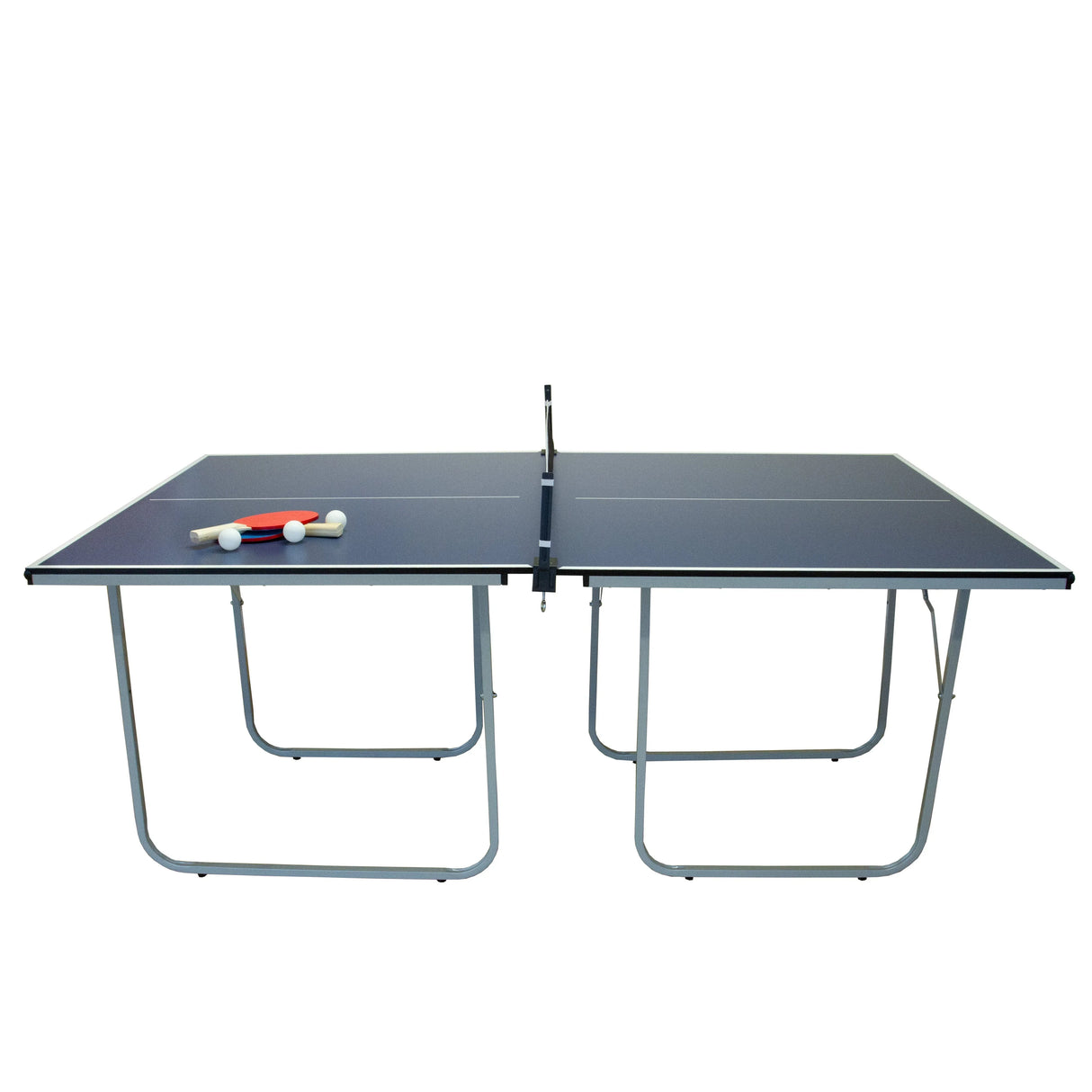 Folding table tennis table with a blue surface, silver metal frame, and included paddles and balls for indoor or outdoor play
