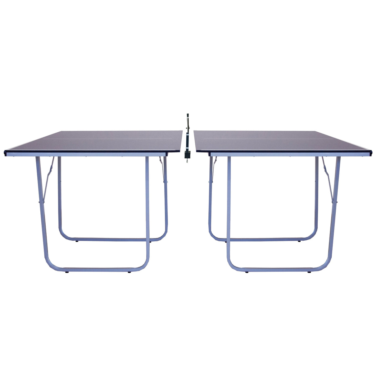 Folding table tennis table with a sleek blue surface, sturdy metal legs, and a net, perfect for indoor or outdoor play