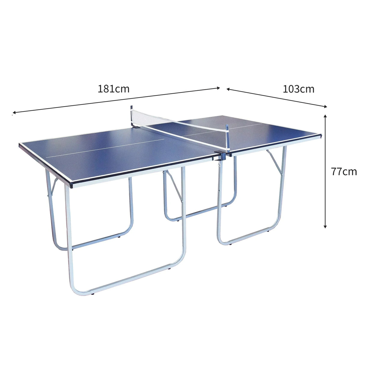 Folding table tennis table with a blue surface, sturdy metal frame, dimensions 181cm x 103cm x 77cm, ideal for indoor and outdoor play