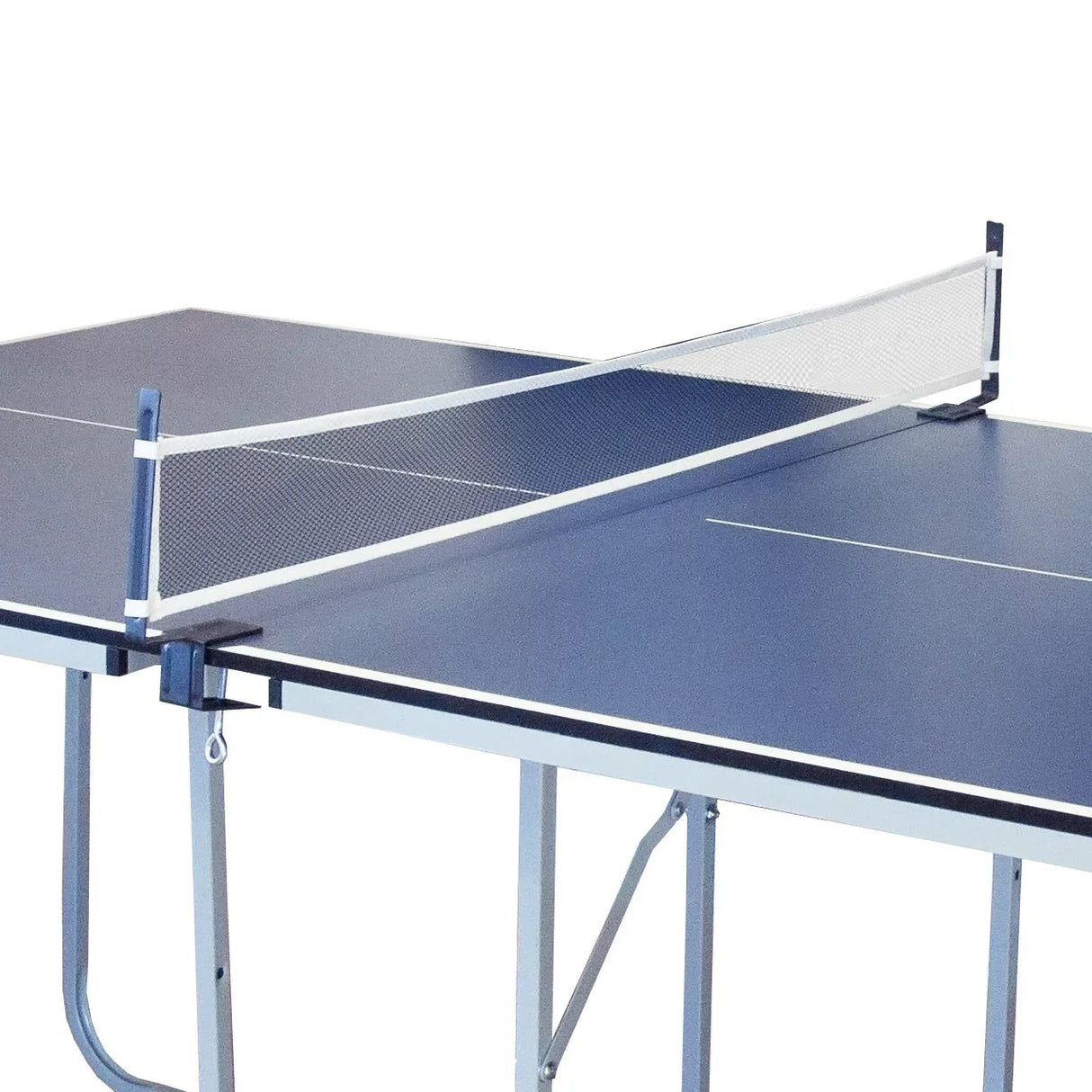 Blue folding table tennis table with a white net, showcasing a sturdy metal frame and smooth playing surface for indoor use