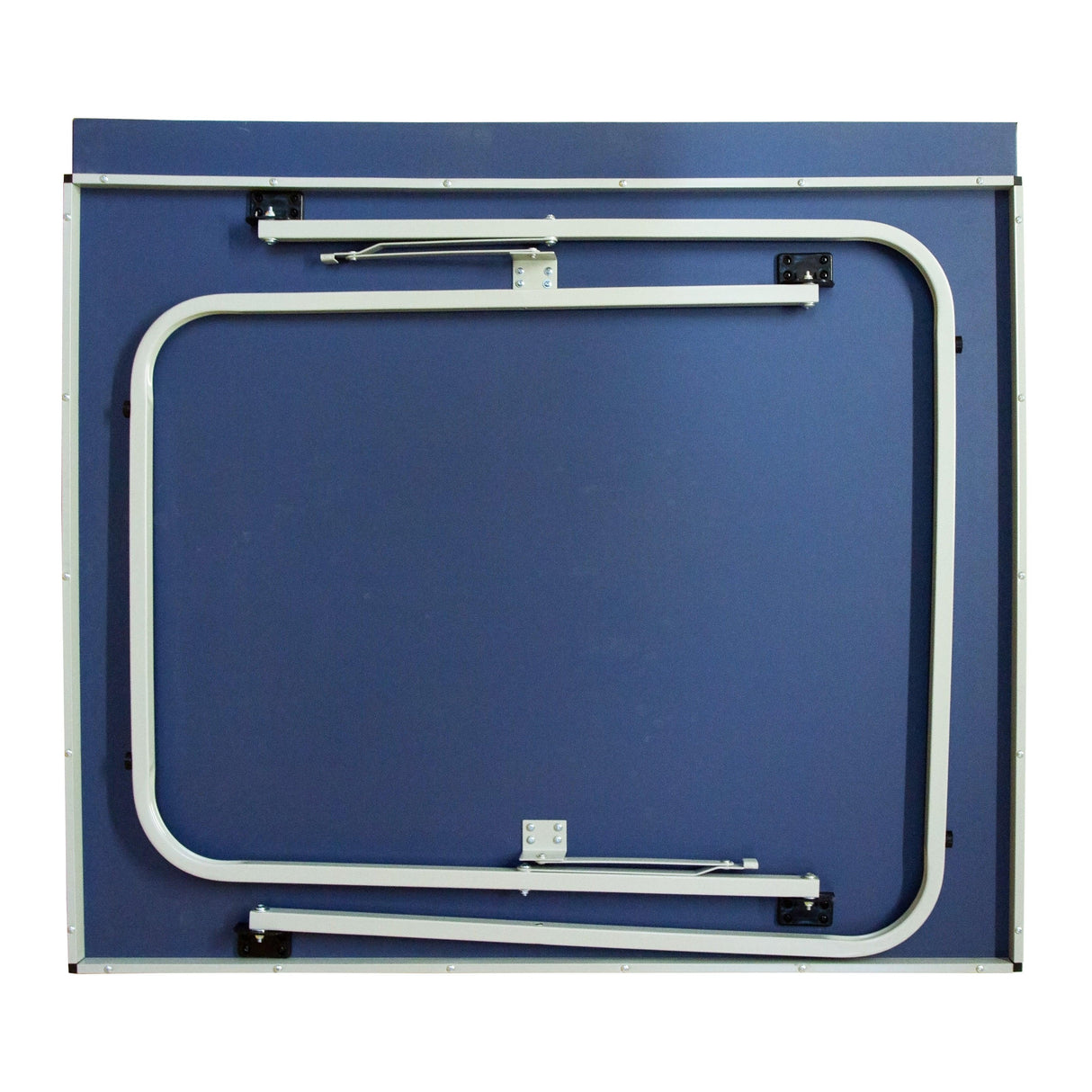Folding table tennis table with a blue surface and white metal frame, showcasing its compact design for easy storage