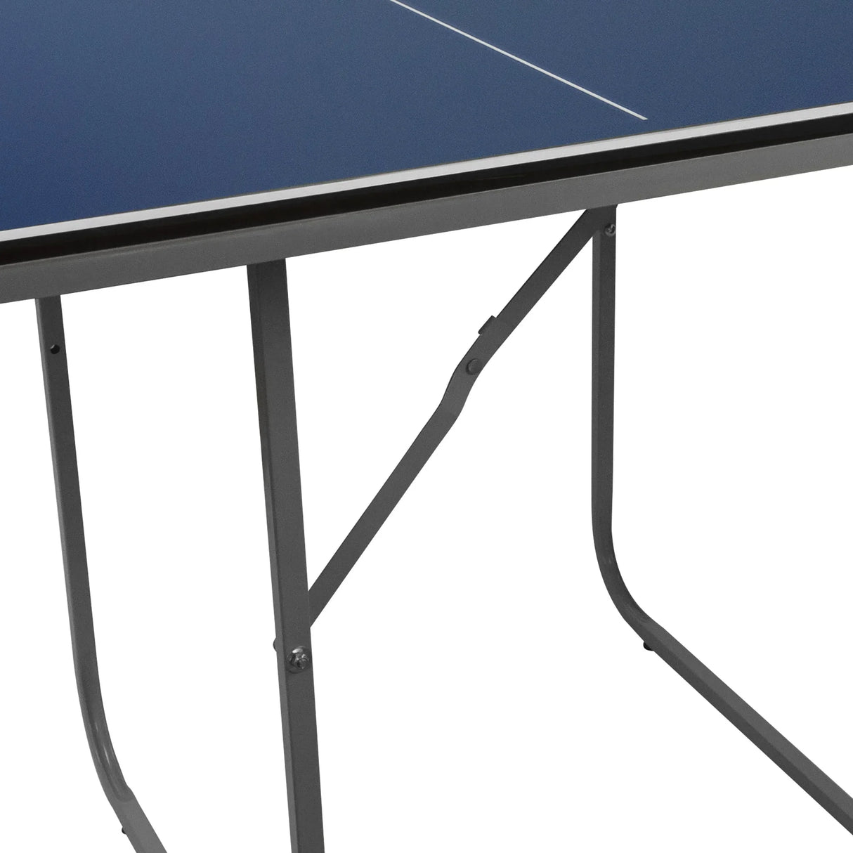 Blue folding table tennis table featuring a sturdy metal frame and adjustable legs for stability during play
