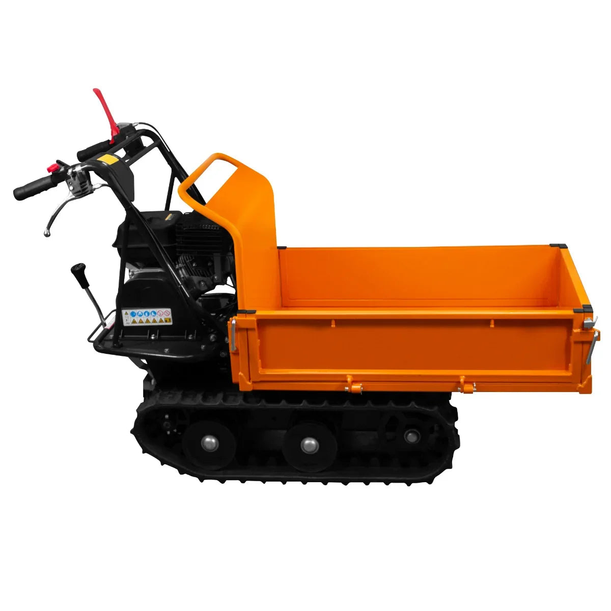 Tracked Mini Dumper Petrol Transporter with a bright orange cargo bed, black tracks, and a sturdy handle for easy maneuvering