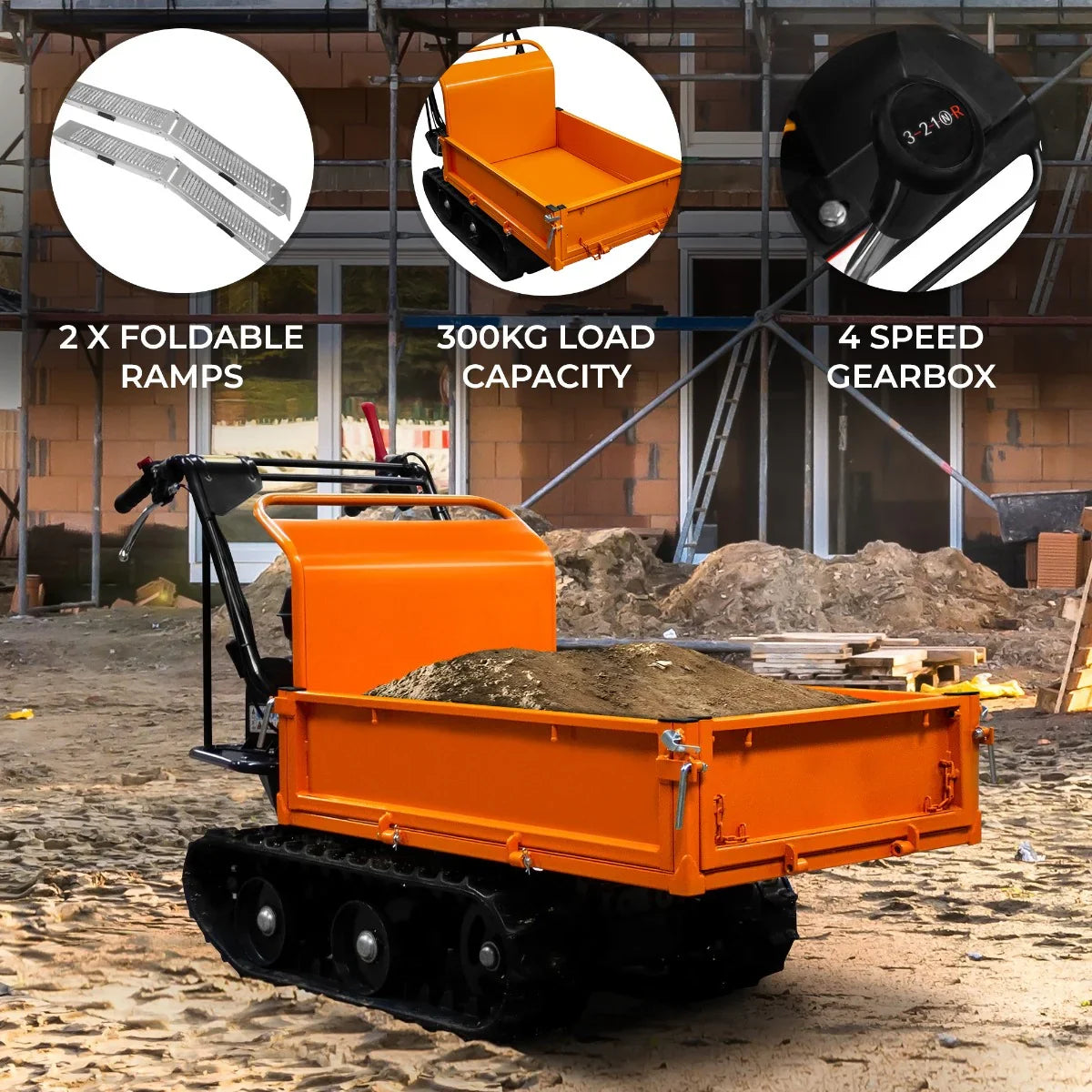 Tracked mini dumper petrol transporter in bright orange, featuring a sturdy metal body, foldable ramps, and a 300kg load capacity