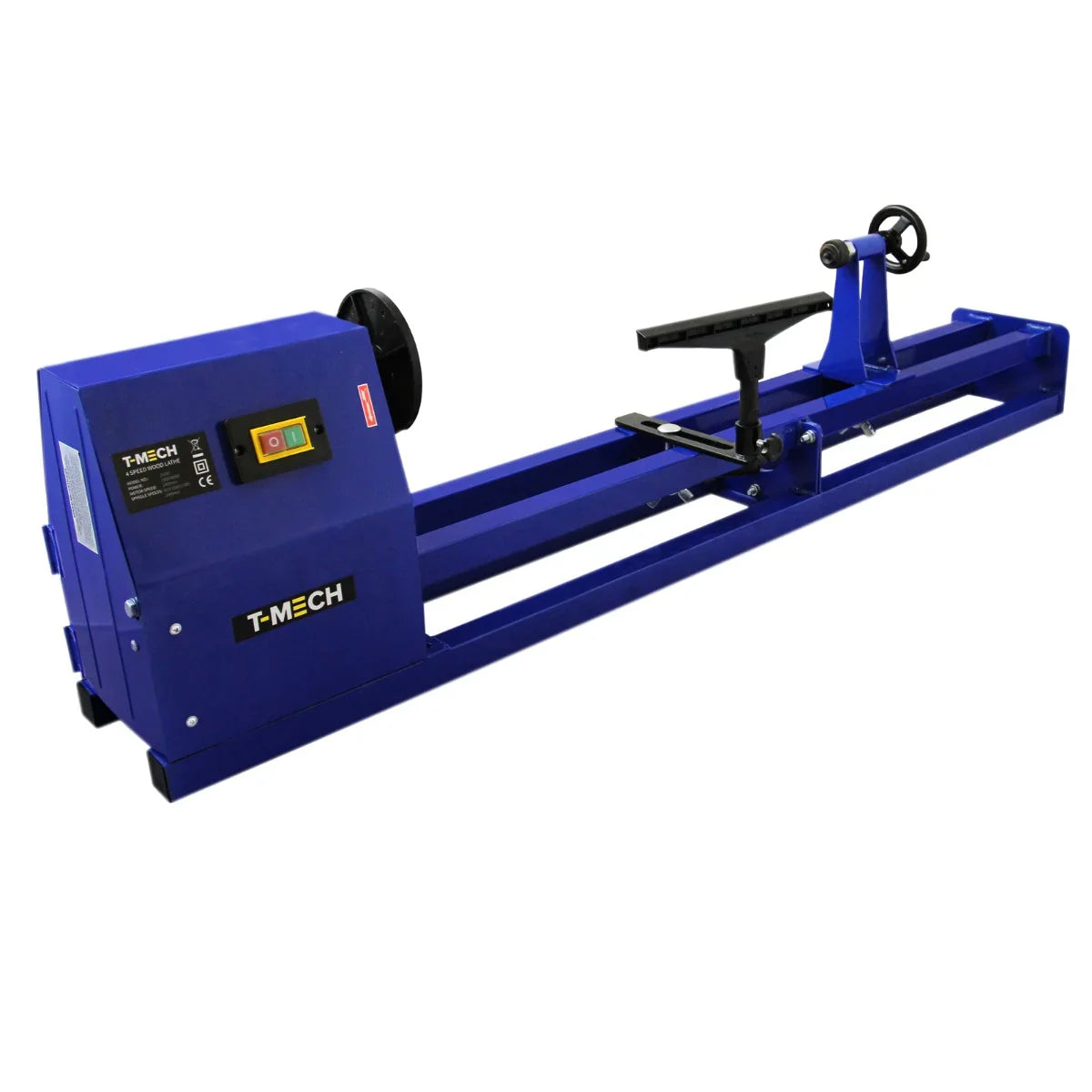 Blue wood lathe with a sturdy metal frame, adjustable tool rest, and control panel for precision woodworking projects