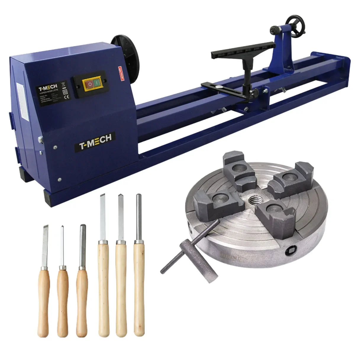 Wood lathe with a blue body, 4 jaw chuck, and five woodturning tools featuring wooden handles for precision crafting