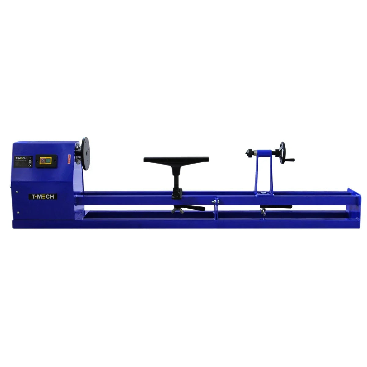 Blue wood lathe with a 4 jaw chuck, adjustable tool rest, and digital speed control, designed for precision woodturning projects