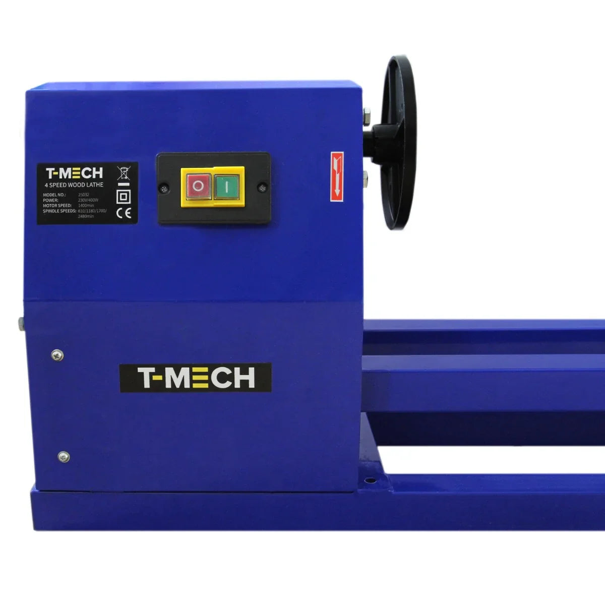 Blue wood lathe with a control panel featuring buttons and a wheel, designed for precision woodturning projects and accessories