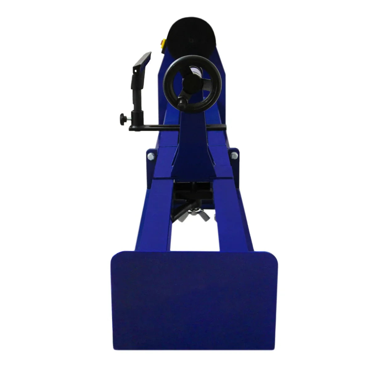 Wood lathe with a sturdy blue frame, featuring a large 4 jaw chuck, adjustable handle, and smooth surface for precision woodworking