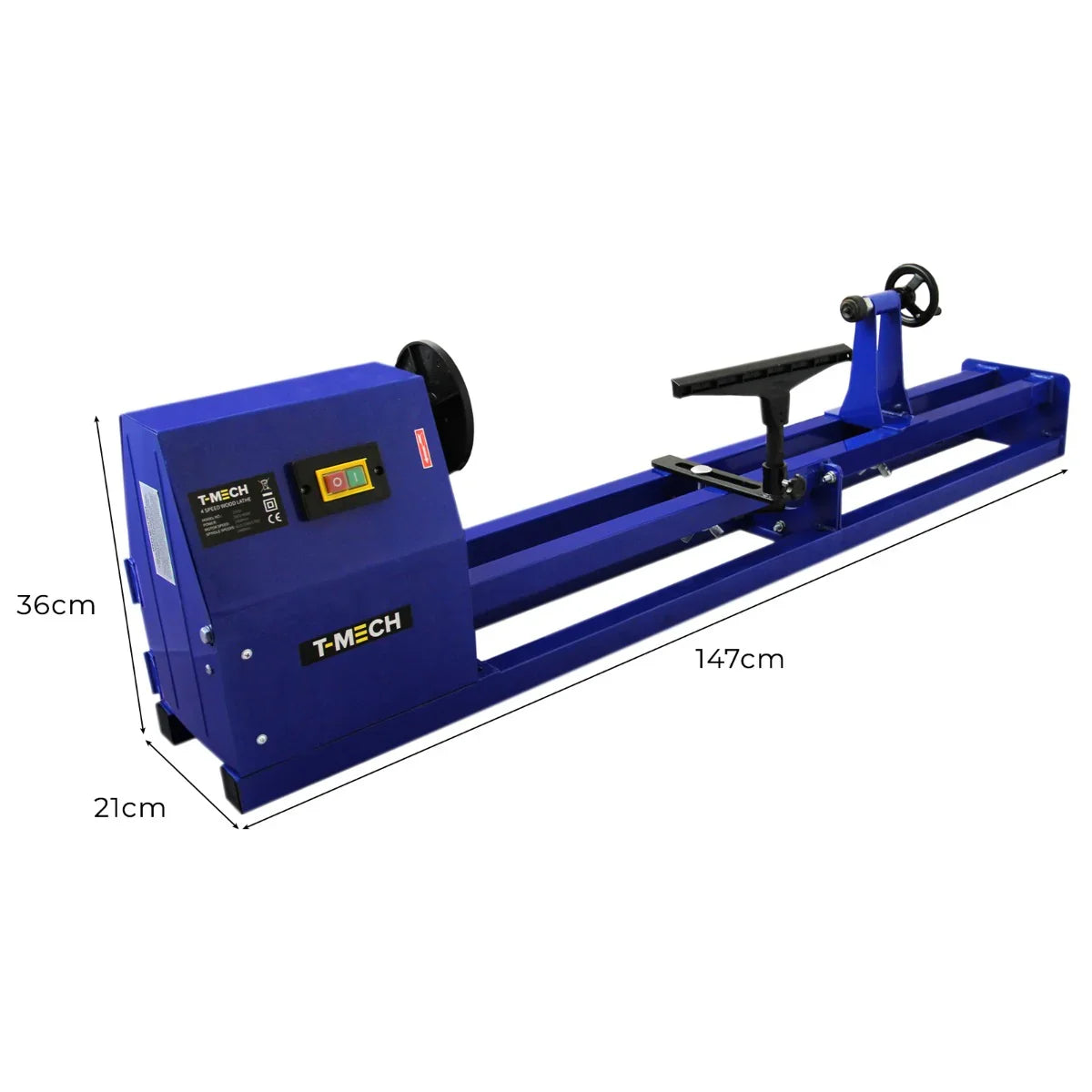 Blue wood lathe with a digital display, measuring 147cm long, featuring a sturdy frame and adjustable tool rest for precision crafting