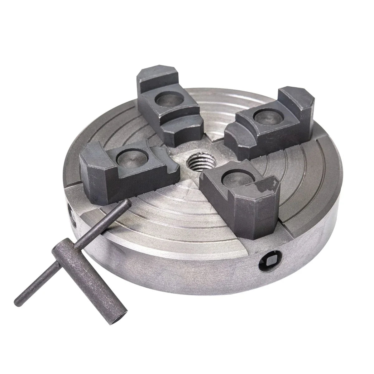 4-jaw chuck for wood lathe, featuring a durable metal construction, textured grip, and adjustable jaws for secure workpiece holding