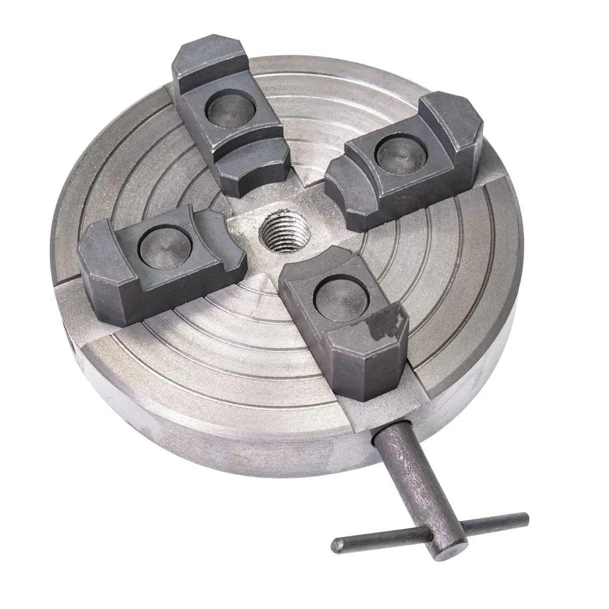 4-jaw chuck for wood lathe, featuring a metallic finish, four adjustable jaws, and a central threaded hole for secure attachment