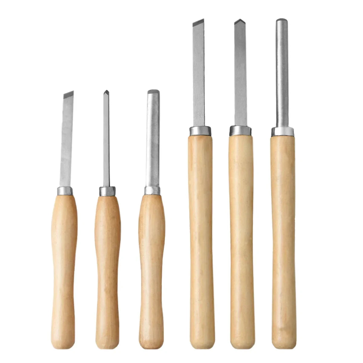 Set of six woodturning tools with wooden handles and metal blades, featuring various shapes for detailed carving and shaping