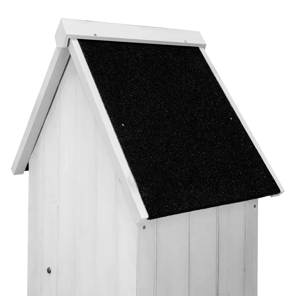 Wooden garden shed in white with a sloped black shingle roof, featuring vertical paneling and a rustic design for outdoor storage