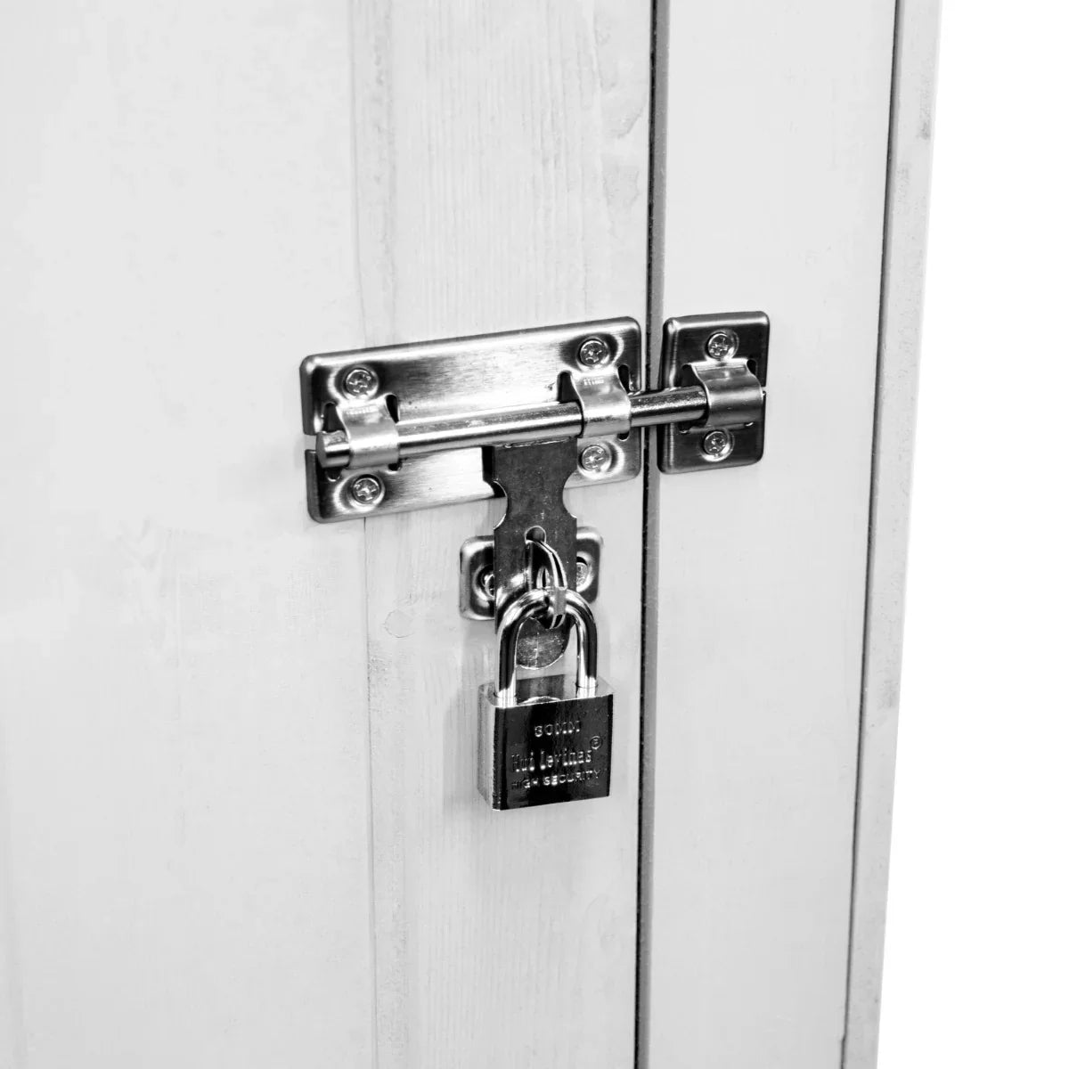 Close-up of a white wooden garden shed door featuring a sturdy metal latch and a padlock for added security