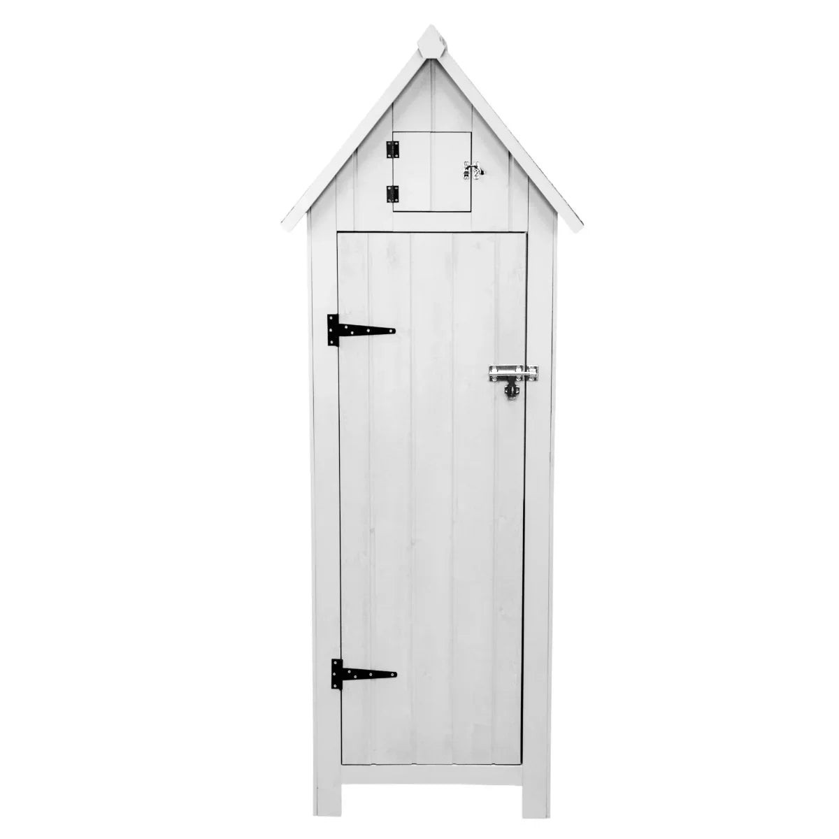 White wooden garden shed with a peaked roof, featuring a single door, metal hinges, and a small upper storage compartment