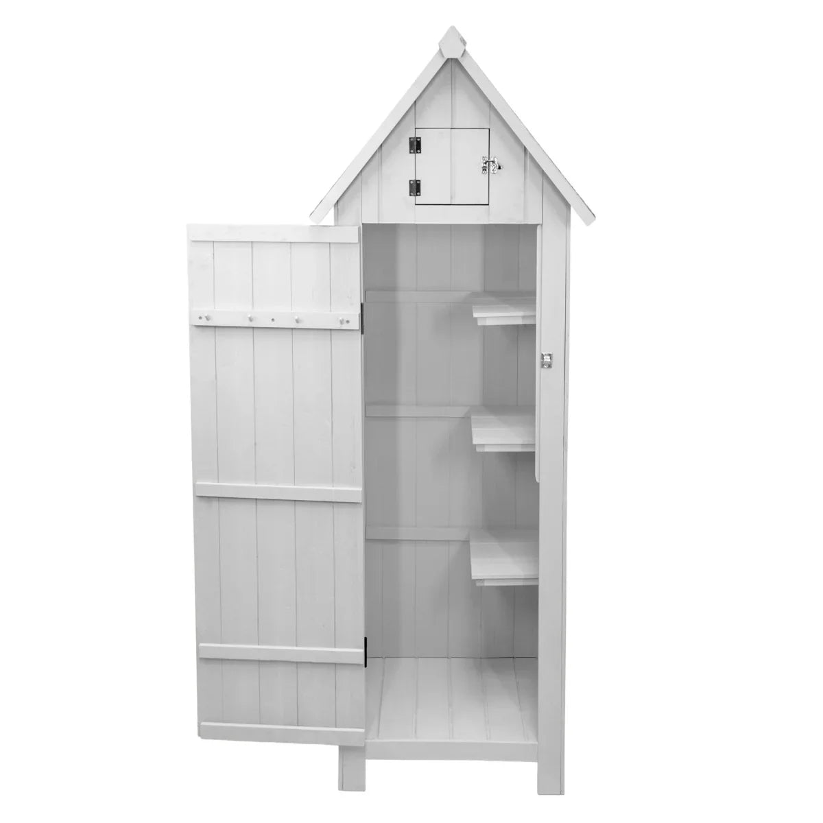 White wooden garden shed with a sloped roof, featuring an open door, interior shelves, and a small lockable compartment