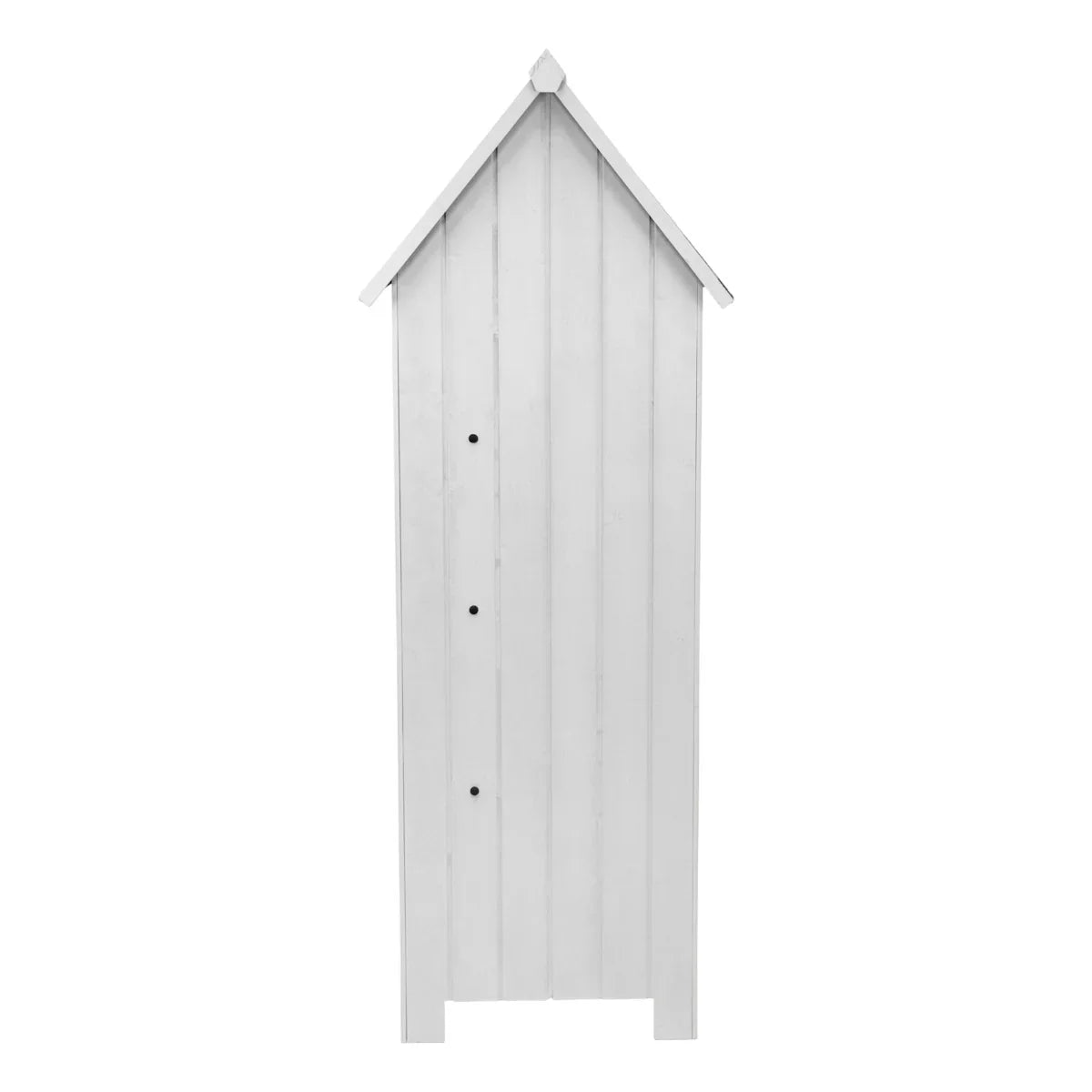 Tall white wooden garden shed with vertical slats, peaked roof, and three circular ventilation holes for airflow