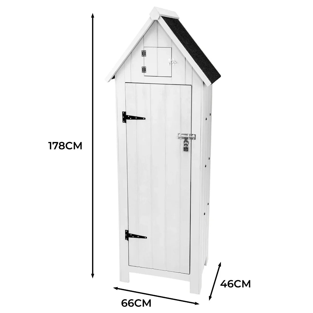 Tall white wooden garden shed with a sloped roof, featuring a lockable door, vertical slats, and a small top window for ventilation