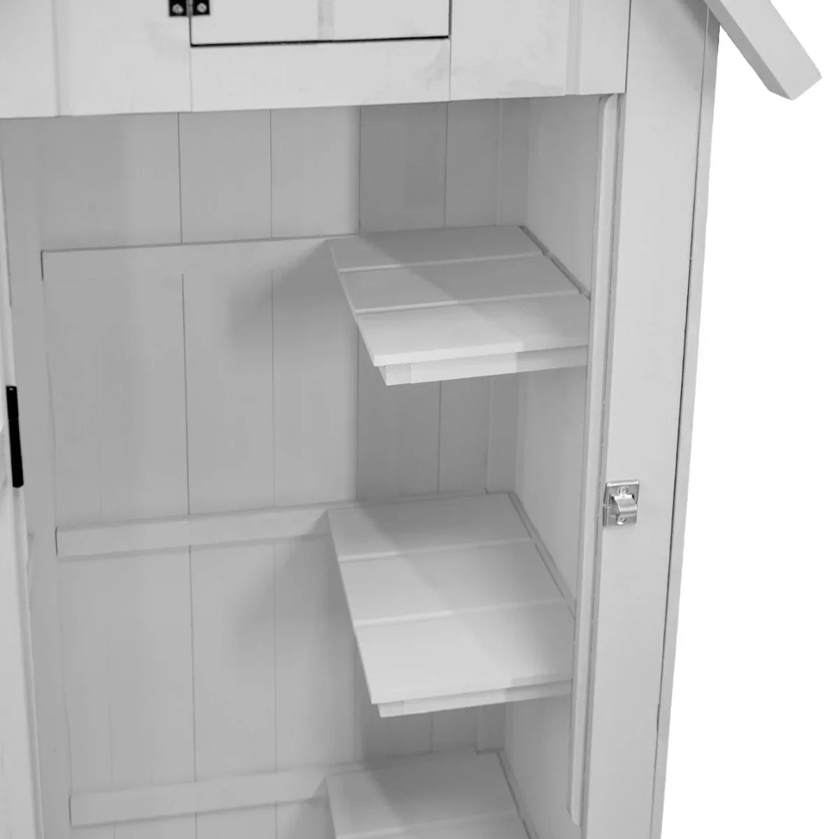Interior view of a white wooden garden shed featuring three spacious shelves and a small window for natural light