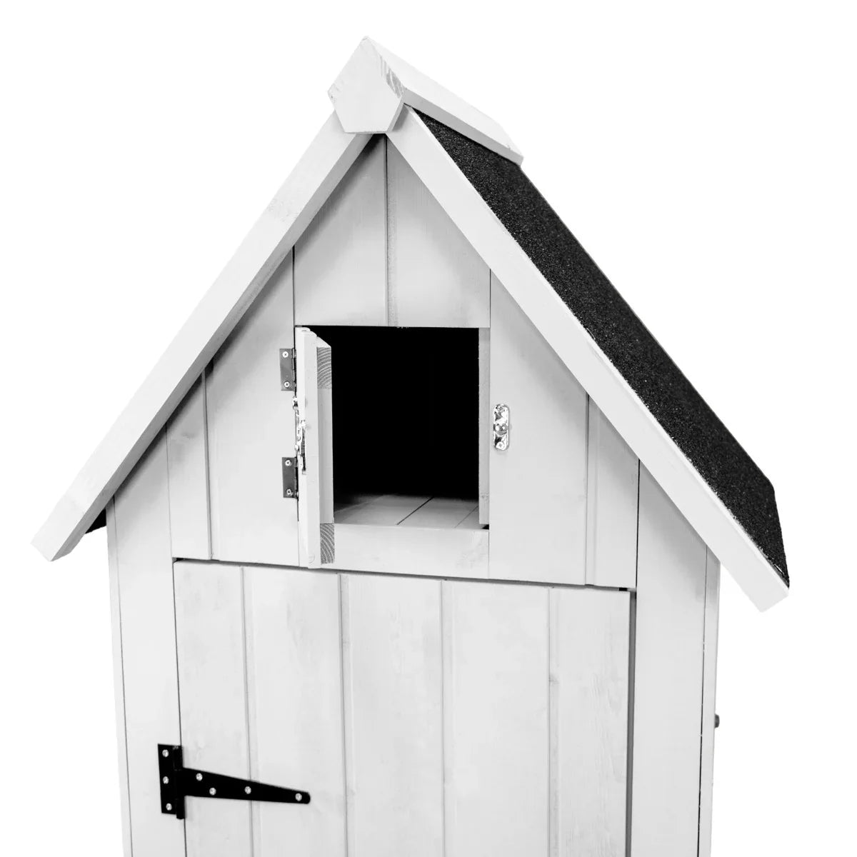 White wooden garden shed with a sloped roof, featuring a small window, metal latch, and textured black shingles