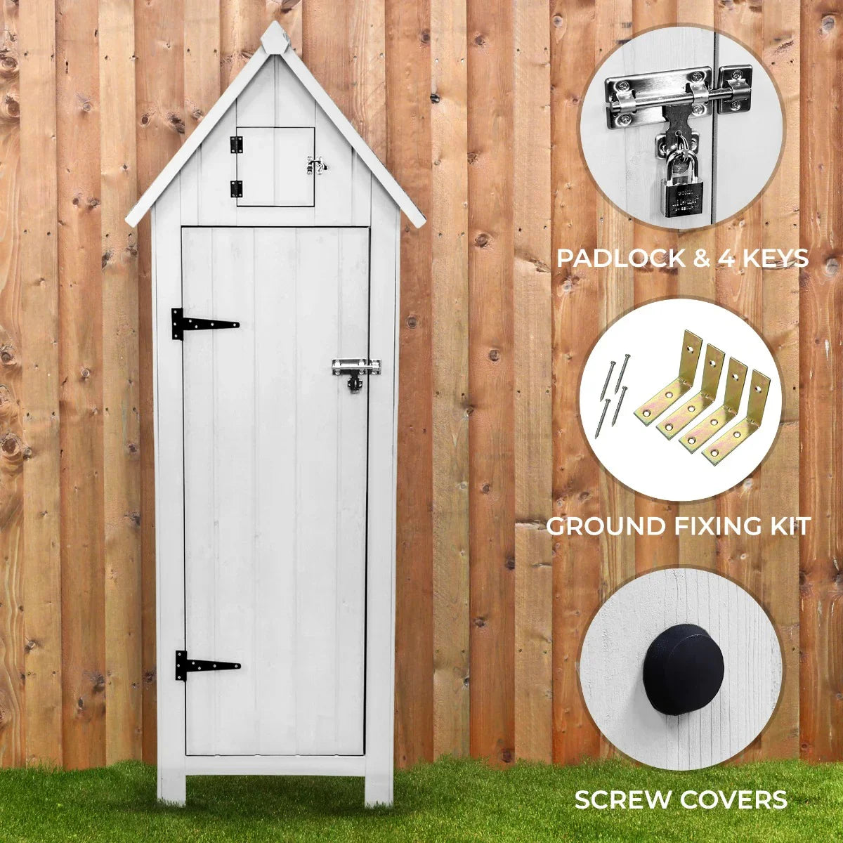 White wooden garden shed with a peaked roof, featuring a padlock, keys, and ground fixing kit against a wooden fence backdrop
