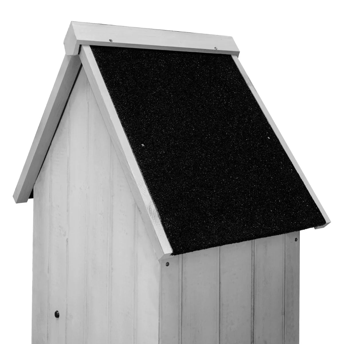 Light grey wooden garden shed with a sloped black roof, featuring vertical paneling and a rustic, textured finish