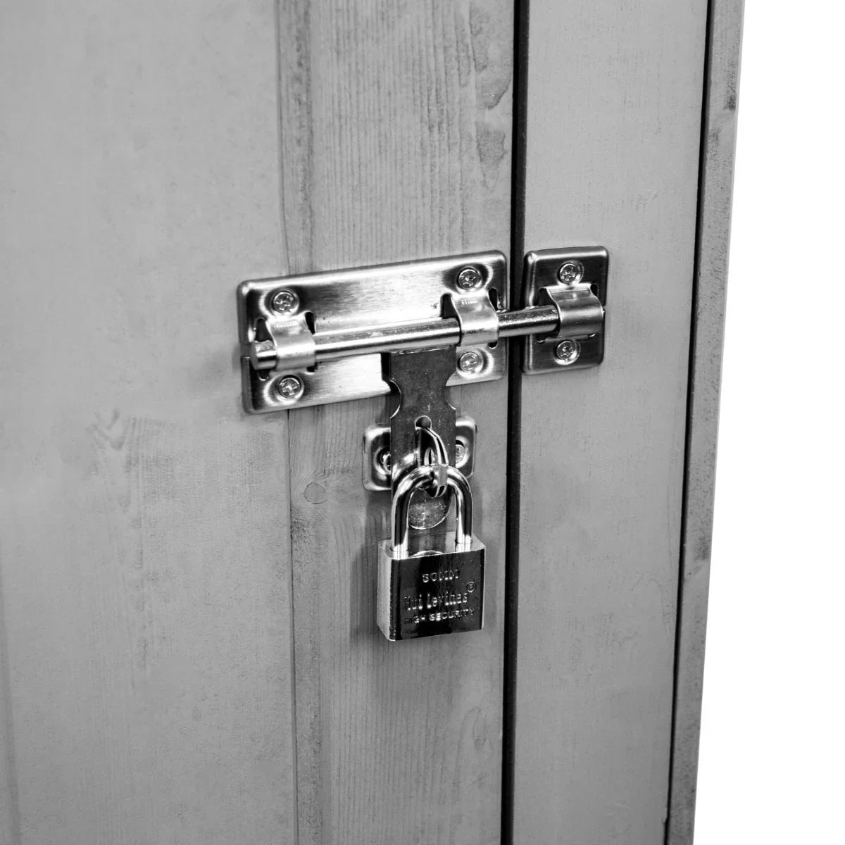 Light grey wooden garden shed door with a metal latch and padlock, showcasing a smooth texture and sturdy construction