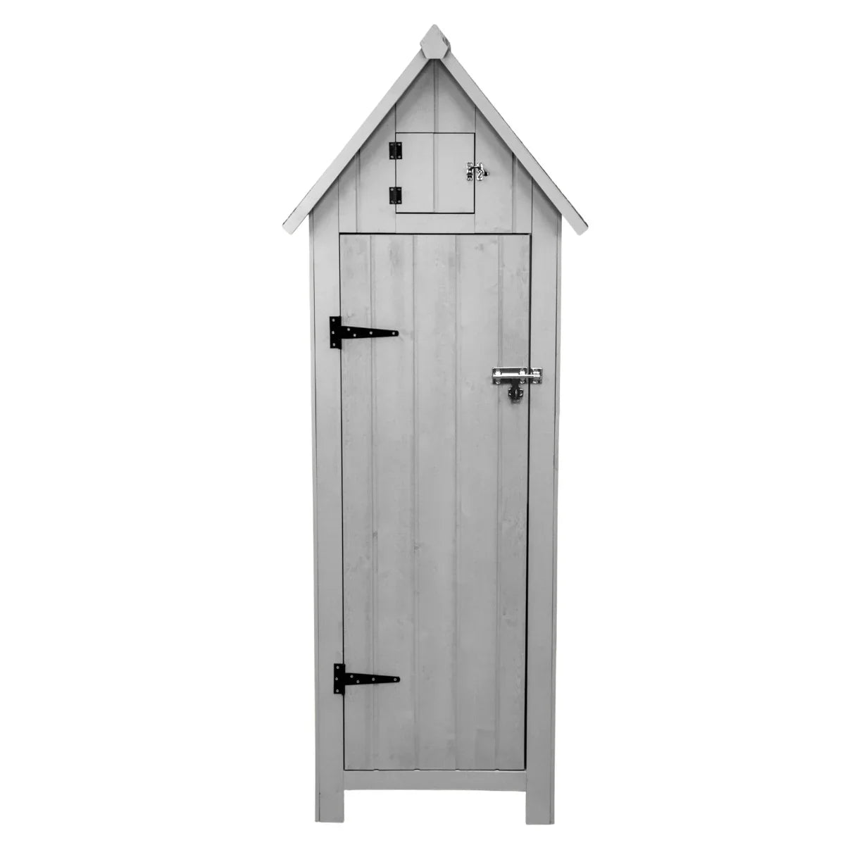 Light grey wooden garden shed with a peaked roof, vertical slats, and a small upper storage compartment, featuring black metal hardware