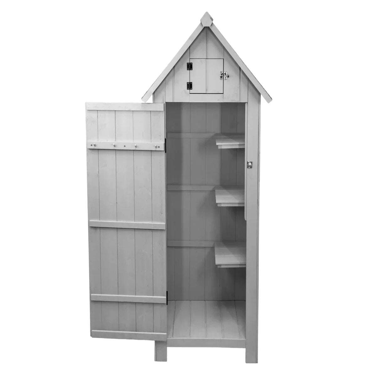 Light grey wooden garden shed with a peaked roof, featuring an open door, interior shelves, and a rustic finish for outdoor storage