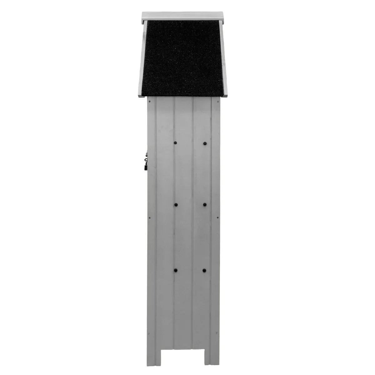 Light grey wooden garden shed with a sloped roof, featuring vertical paneling and a textured black top for durability