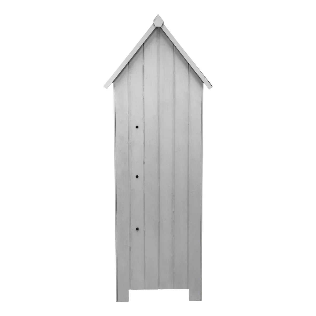 Light grey wooden garden shed with a sloped roof, vertical paneling, and three circular ventilation holes for airflow