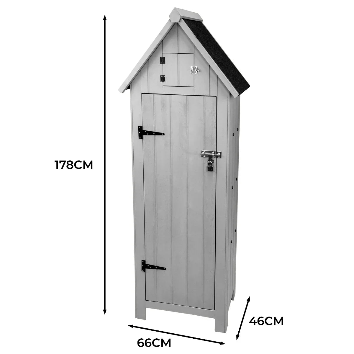 Light grey wooden garden shed with a sloped roof, vertical paneling, and a small upper storage compartment, measuring 178cm tall and 66cm wide