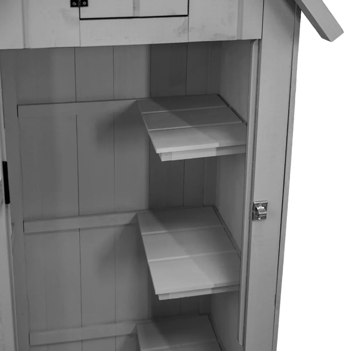 Light grey wooden garden shed interior featuring three spacious shelves and a secure latch, ideal for storage and organization
