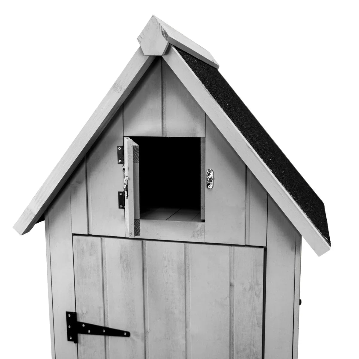 Light grey wooden garden shed with a sloped roof, featuring a small window and a sturdy door with black hardware