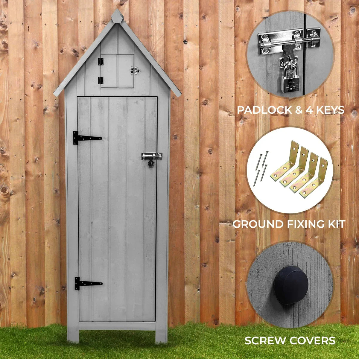 Light grey wooden garden shed with a peaked roof, featuring a padlock, keys, and ground fixing kit against a wooden fence backdrop