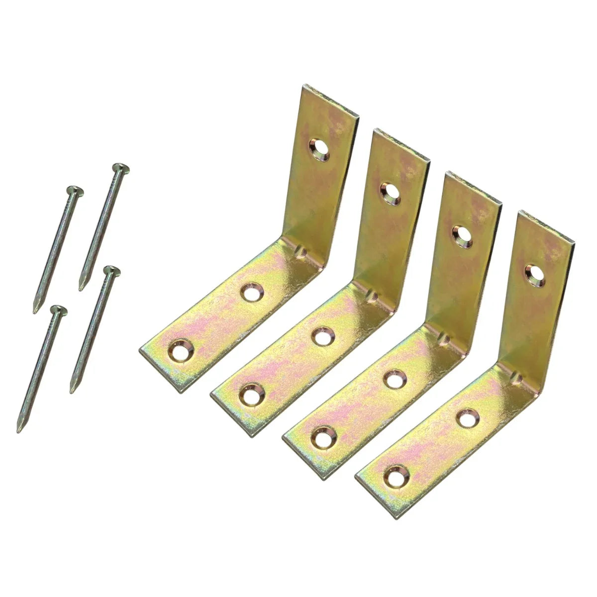 Metal corner brackets with a shiny gold finish, accompanied by six matching nails for secure installation in various projects