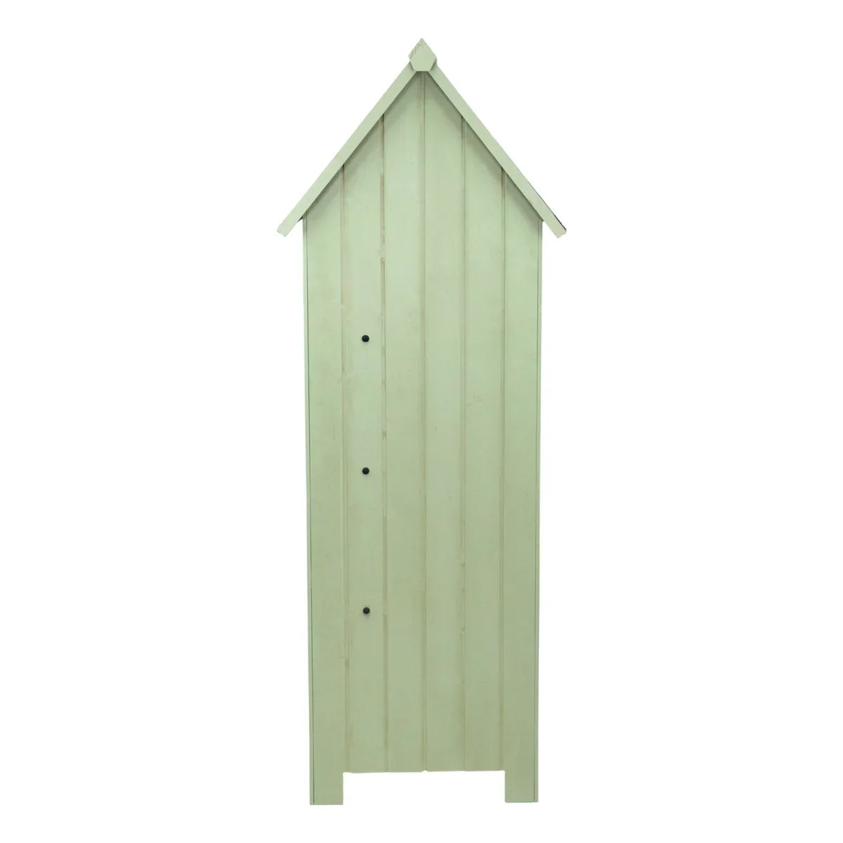 Tall wooden garden shed in soft green, featuring vertical slats, a peaked roof, and three black door knobs for easy access