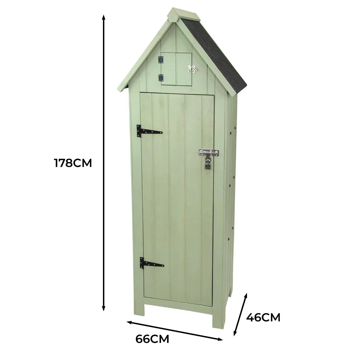 Tall green wooden garden shed with a sloped roof, vertical slats, a small top window, and a lockable door, measuring 178cm high and 46cm wide