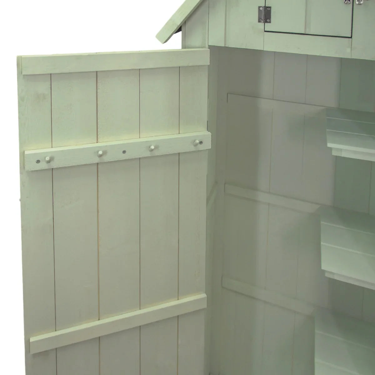Green wooden garden shed interior with open door, featuring shelves and a textured, natural wood finish
