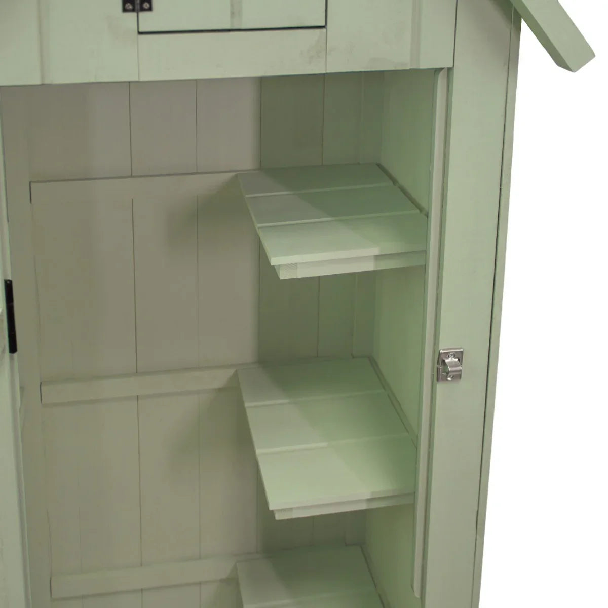 Interior view of a green wooden garden shed featuring three spacious shelves and a light, textured finish on the walls