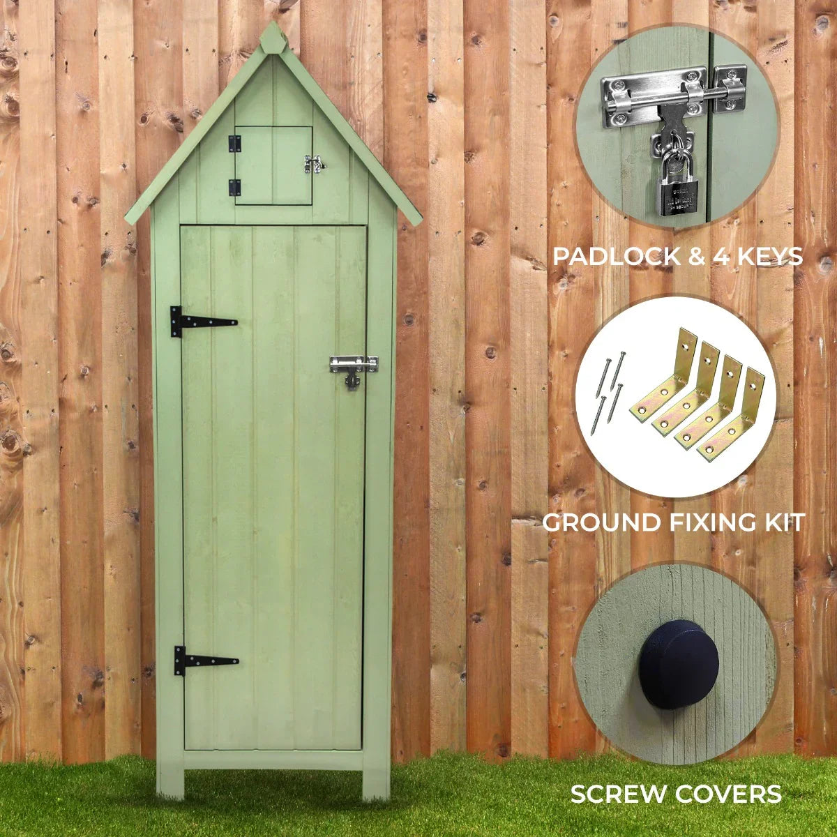 Green wooden garden shed with a peaked roof, padlock, four keys, and ground fixing kit, set against a wooden fence backdrop