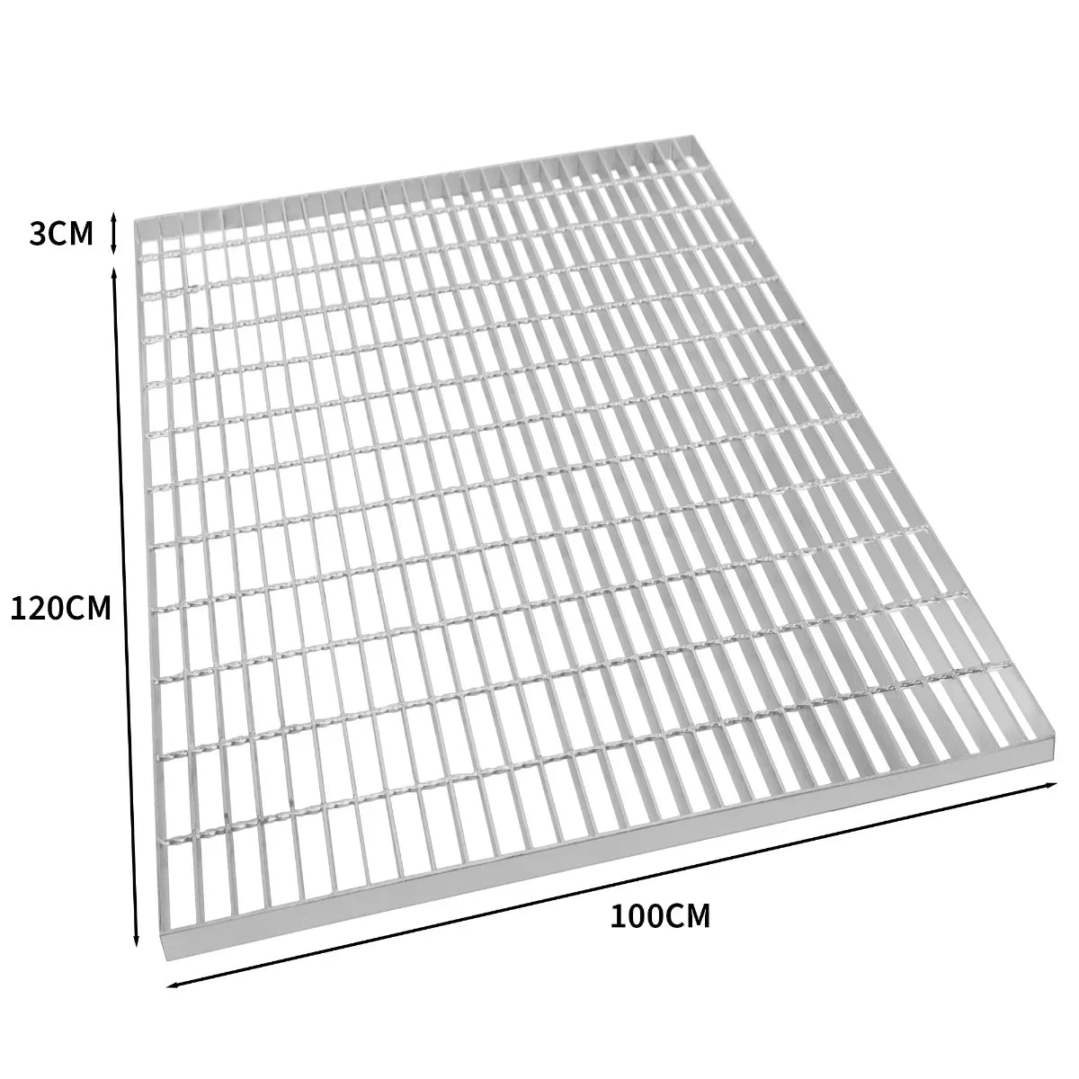 Galvanised grating measuring 1200mm x 1000mm, featuring a sturdy, open grid design with a silver metallic finish and 3cm thickness
