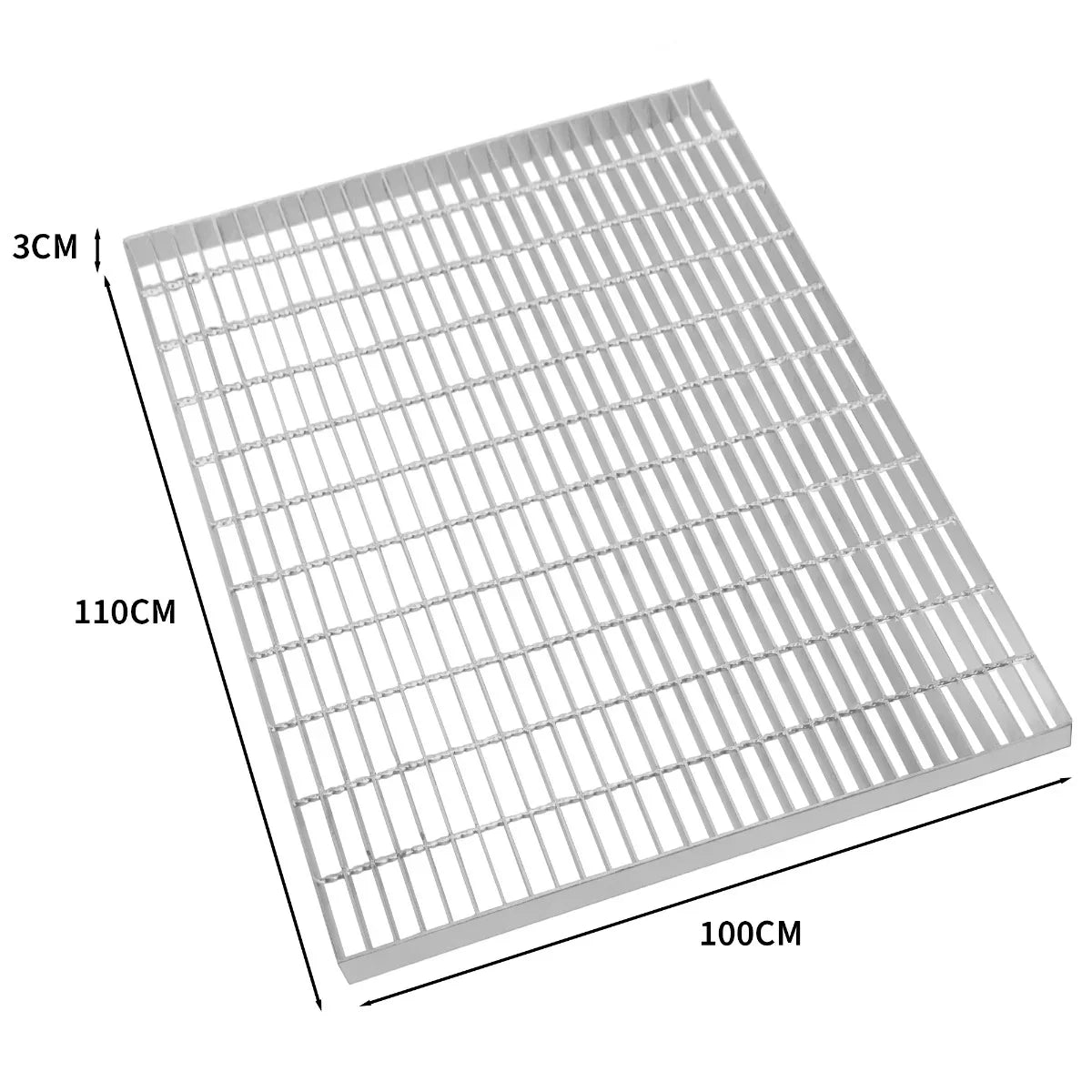 Galvanised grating measuring 1100mm x 1000mm, featuring a sturdy metal grid design with a smooth, shiny finish and 3cm height