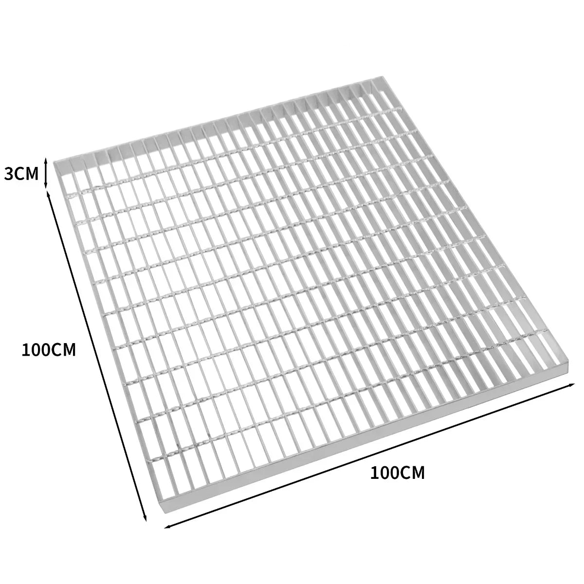 Galvanised grating measuring 1000mm x 1000mm, featuring a sturdy grid design with a silver metallic finish and 3cm thickness