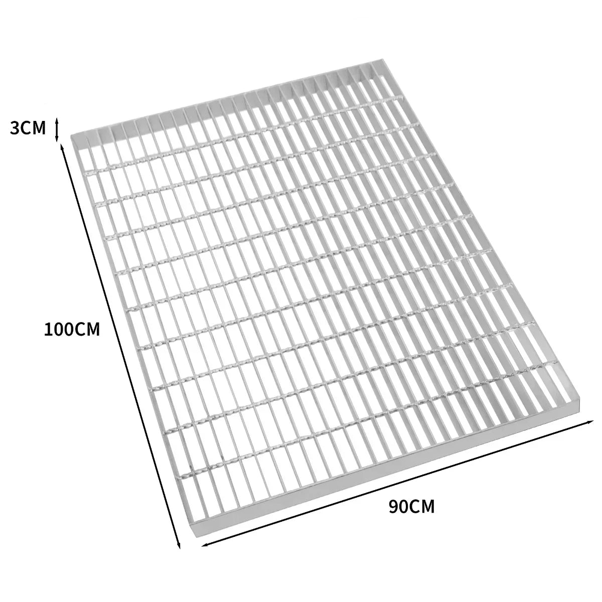 Galvanised grating measuring 1000mm x 900mm, featuring a sturdy grid pattern with a smooth metallic finish and 3cm thickness