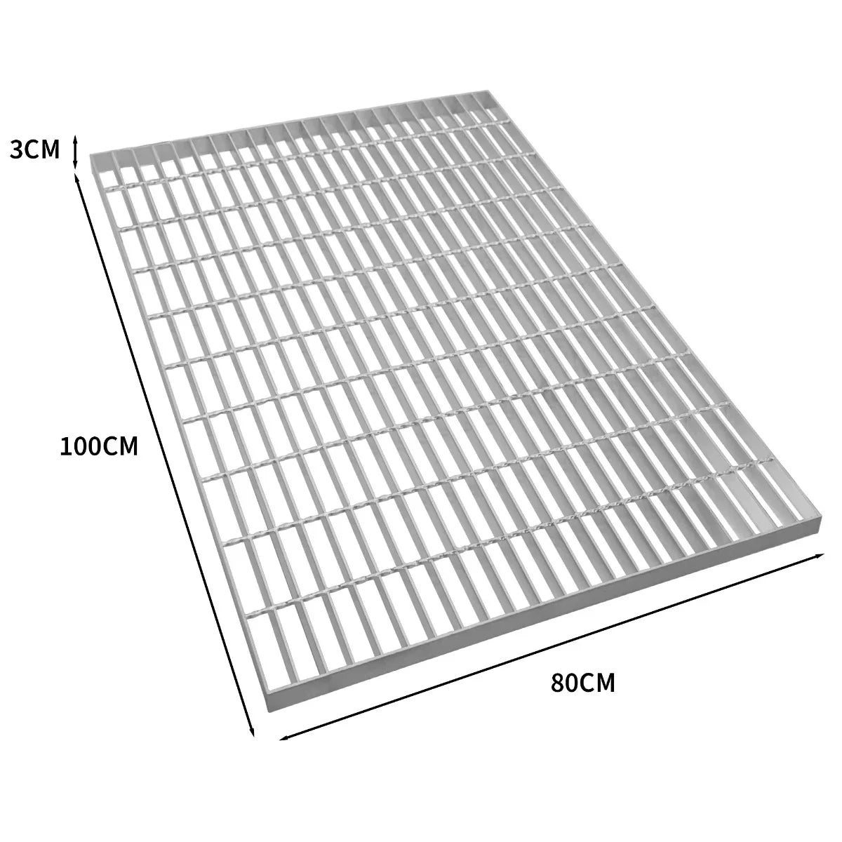 Galvanised grating measuring 1000mm x 800mm, featuring a durable, metallic finish with a grid pattern and 3cm thickness