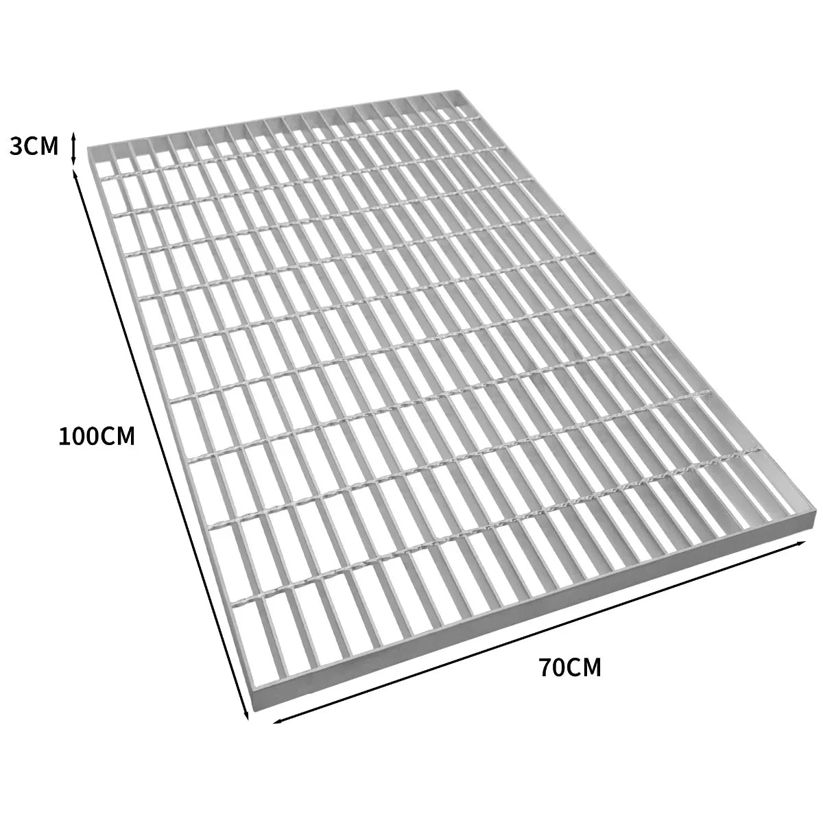 Galvanised grating measuring 1000mm x 700mm, featuring a sturdy metal grid with a silver finish and 3cm height, ideal for drainage and flooring