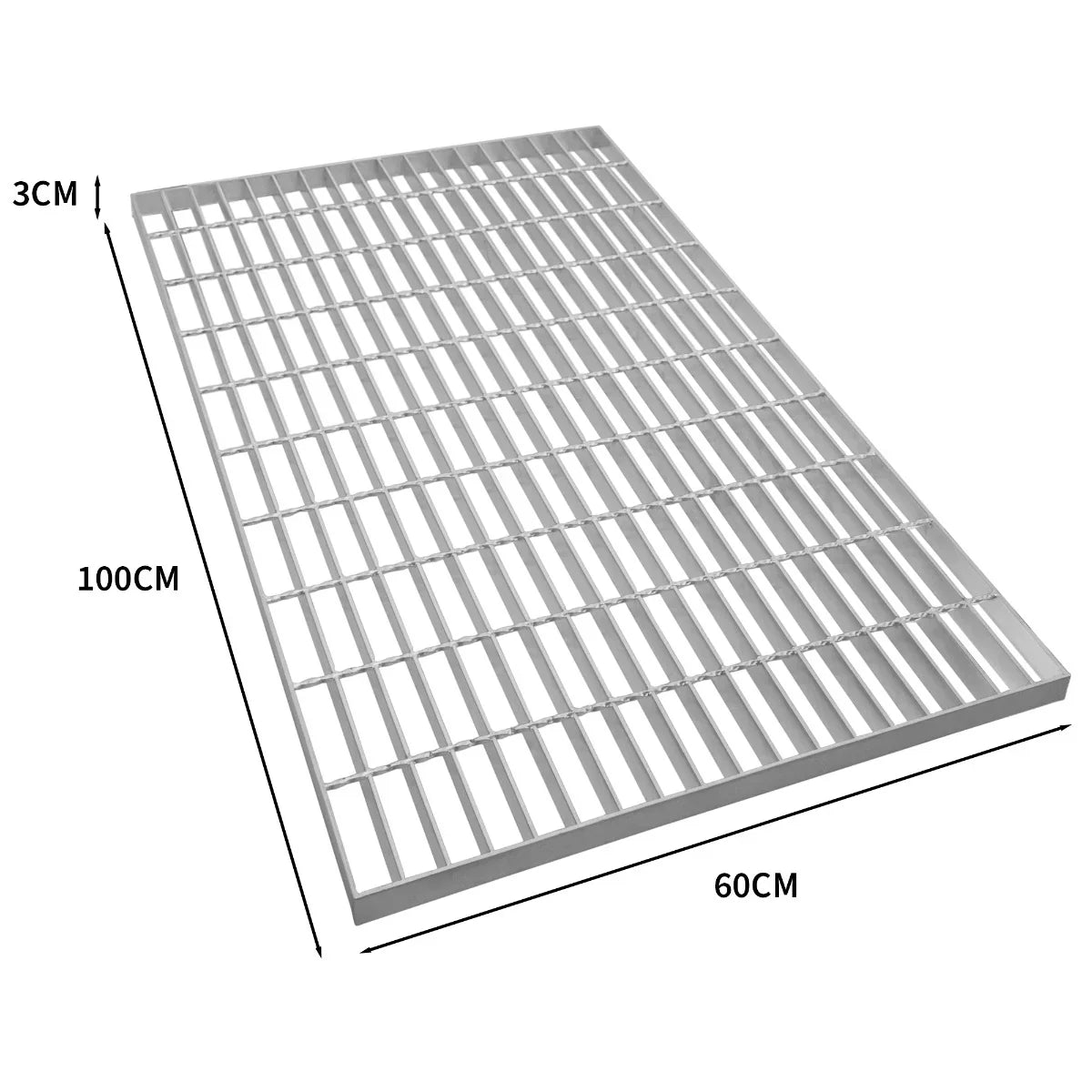 Galvanised grating measuring 1000mm x 600mm, featuring a sturdy metal grid design with a smooth, shiny finish and 3cm thickness